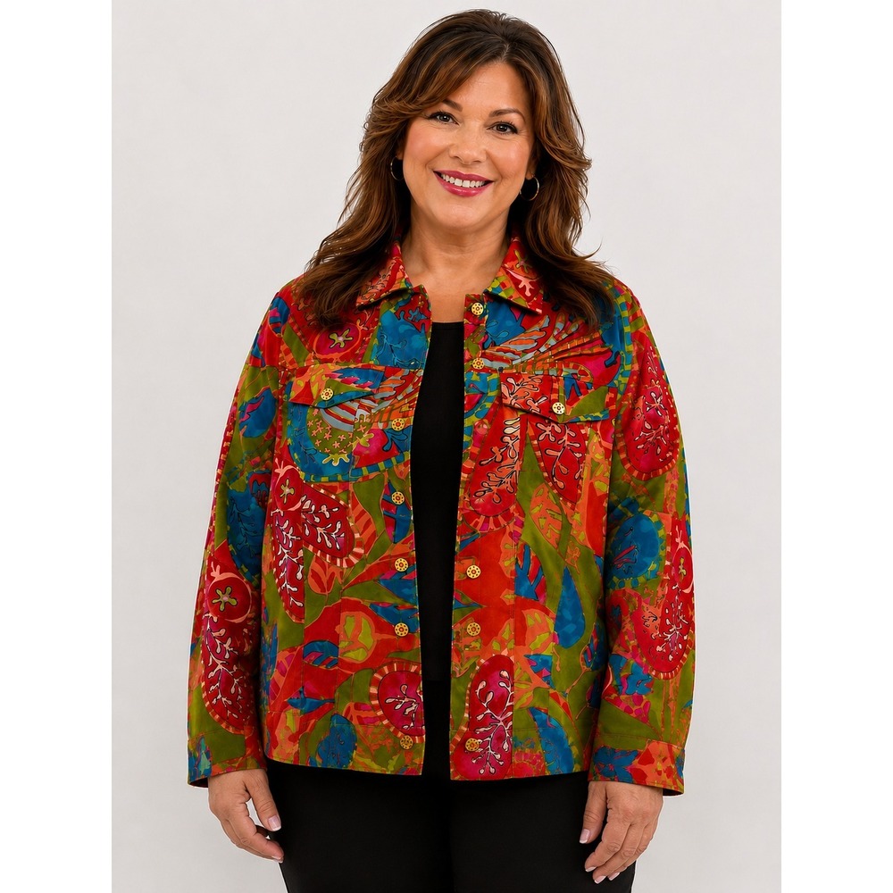Choices Women's XL Multicolor Floral Sequin Cotton Twill Button Jacket